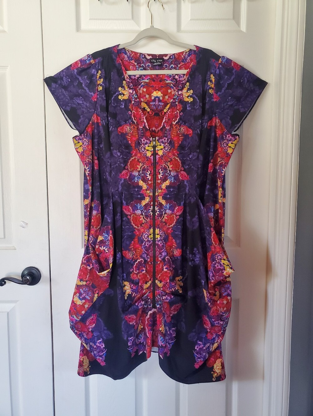 CITY CHICK Purple Red Front Zip Midi Dress Pockets Short Sleeves Classy Formal